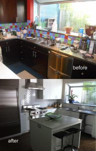The same property: the kitchen before staging above and after staging below.